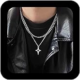 Erimberate Punk Layered Cross Choker Necklace Silver Hollow Cross Star Pendant Necklace Metal Cuban Curb Chain Necklaces North Star Curby Chain Necklaces Jewelry for Women