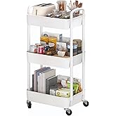 Sywhitta 3-Tier Plastic Rolling Utility Cart with Handle, Multi-Functional Storage Trolley for Office, Living Room, Kitchen, Movable Storage Organizer with Wheels, White