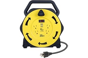 T-JOAN Retractable Extension Cord Reel with 25 FT Power Cord,16/3 AWG, 4 Grounded Outlets,2 USB 3.4A,13 Amp Circuit Breaker,UL Listed Yellow CR034