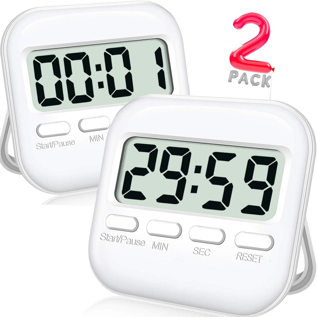 Cbiumpro 2- Pack Kitchen Timer Digital Timer for Time Management, Teacher, Classroom, Cooking - Large Screen, Big Digits, On/Off Button, Magnetic Back - AAA Battery Included