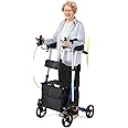Hybodies Upright Walker with Seat, Hybodies Stand Up Folding Rollator Walkers, Heavy Duty Walker Rolling Mobility Walking Aid with Backrest for Senior Adult, Adjustable Height and Armrest