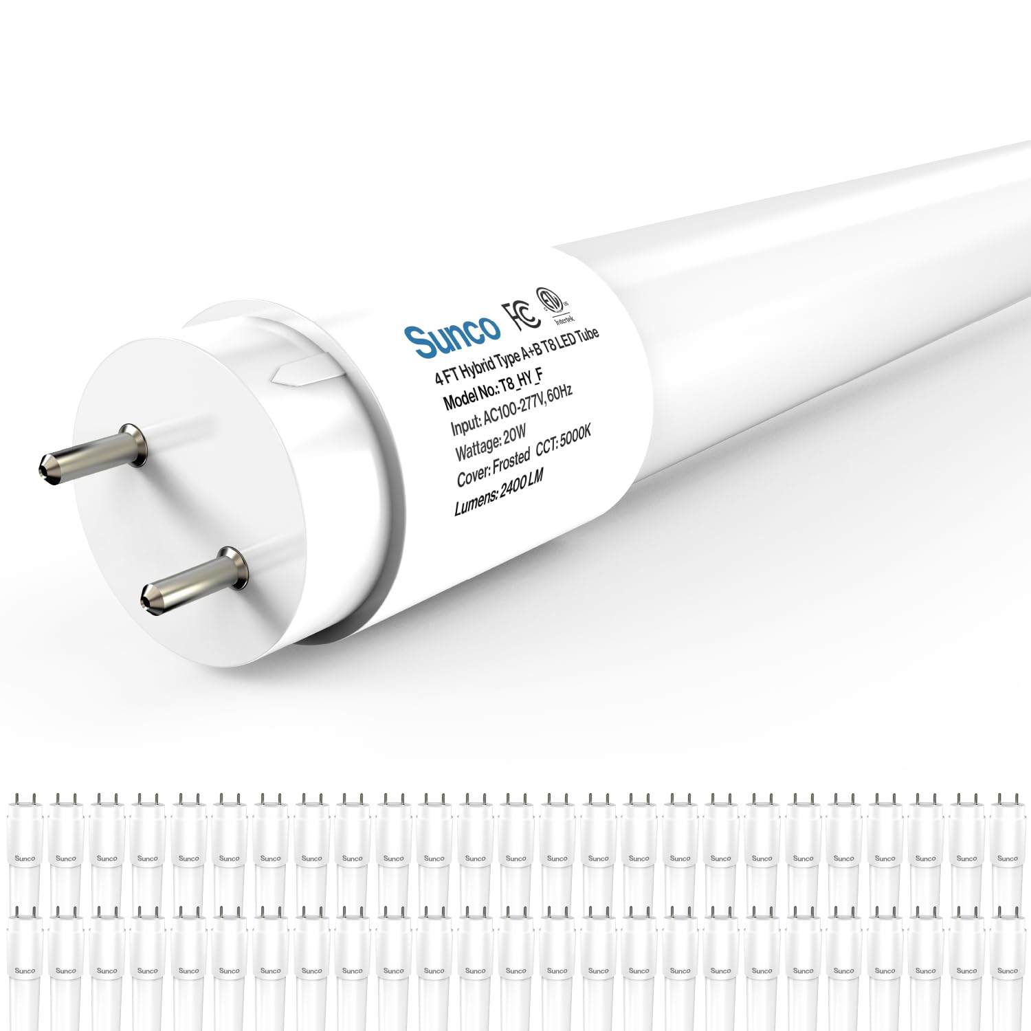Photo 1 of Sunco 50 Pack T8 LED Bulbs 4 Foot, 48 Inch Tube Light Bulbs Fluorescent Replacement, Single or Double Ended Hybrid Type A+B, 2400 LM, 20W, 5000K Daylight, Frosted Lens ETL.
