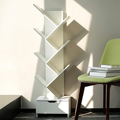 Buy Sheepam Tree Bookshelf With Drawers Free Standing Wood Bookcase For Living Room Bedroom Home Office Space Saving Storage Organizer Bookshelves For Books Cds Vinyl Records 8 Tier White Online In Germany B08lw5mwgz