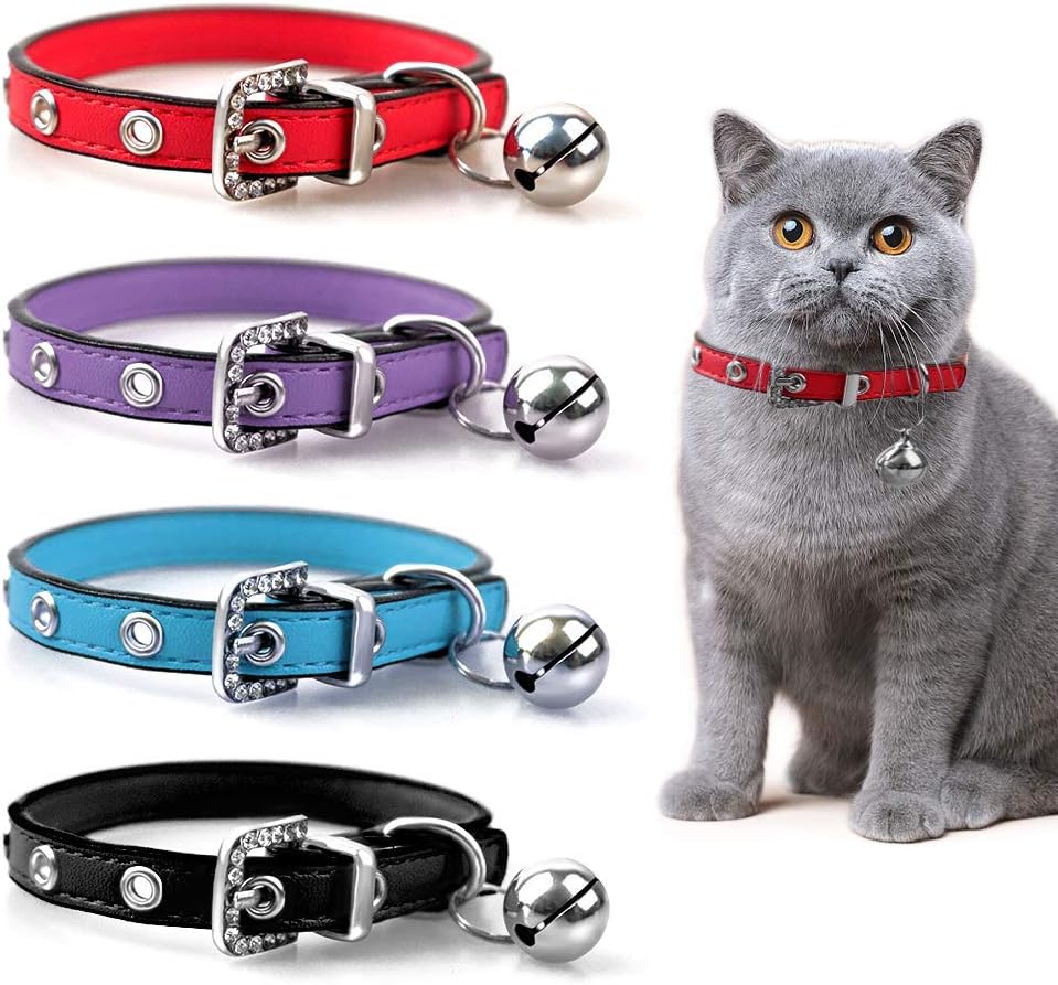 Luniquz Leather Cat Collars with Bell Polished Durable Metal Buckle Soft and Adjustable for Girls Kitty, Puppy, Small Dogs Fit 8.6"-10.2" /Blue