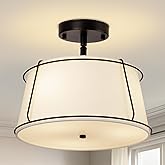 13'' Semi Flush Mount Ceiling Light Fixture, 3-Light Black Light Fixtures Ceiling Mount with White Drum Fabric Shade,Modern C