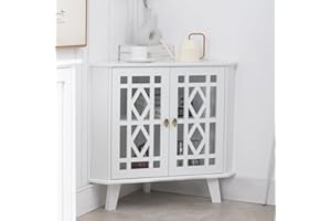 Scurrty 32'' Corner Shelf Stand, Small Corner Table Sideboard Cabinet with 2 Doors and 2-Tier Shelves, Free-Standing Corner Storage Organizer for Living Room, Dining Room & Bathroom (White)