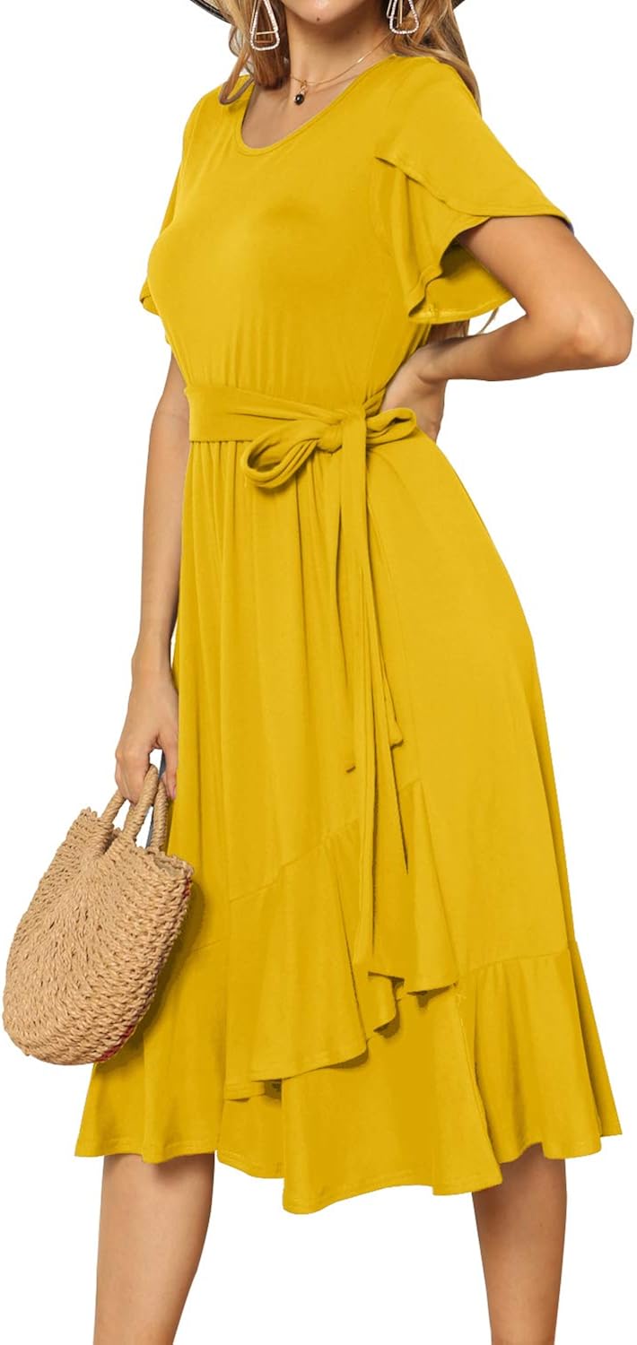 levaca women's plain casual flowy short sleeve midi dress with belt