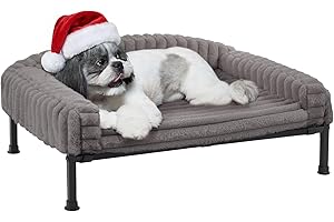 Veehoo Elevated Dog Bed with Bolster Cushion, Fluffy Plush Dog Couch Beds for Small Dogs, Cats, Washable Raised Pet Cot with Non-Slip Feet for Indoor or Patios Use, 30 x 20 Inches, Grey