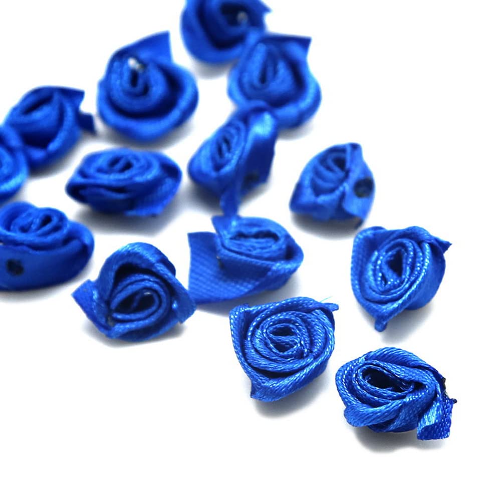 Pack of 200 Roses 1.5 cm Small Artificial Flowers Rose Heads Satin Roses Sew On Flowers Appliques for Craft Patches Decorative Roses Mini Fabric Roses DIY Accessories Home Wedding Decoration Blue