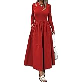 Mieazom Women’s Maxi Dress with Pockets, Long Sleeve A-Line Flowy Full Length Dress Cutout Shoulder, Elegant Casual Outfit