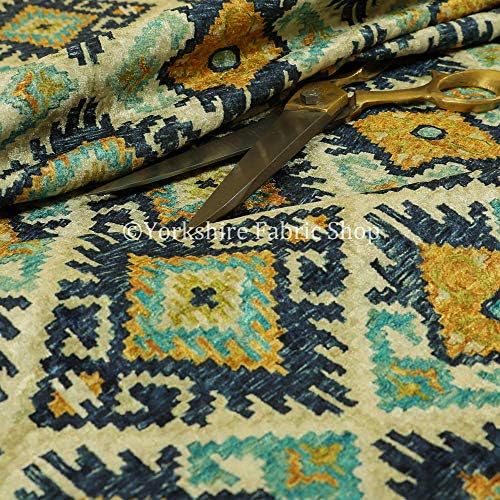 New Blue Yellow Tribal Kilim Geometric Pattern Shiny Velvet Upholstery Fabrics (10 Metre)