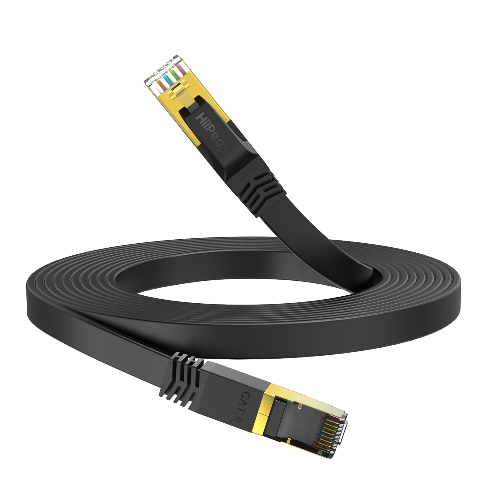 HiiPeak Cat 8 Flat Ethernet Cable 15m, Cat8 Internet Cable 40Gbps 2000Mhz High-Speed Professional LAN Patch Network Cables with RJ45 Gold-Plated Connector, Compatible with Cat5/Cat6/Cat7, Black(15 m)