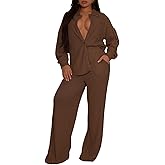 Ophestin Women 2 Piece Dressy Outfits Casual Pleated Long Sleeve Button Down Shirt Wide Leg Pants Loungewear Matching Sets