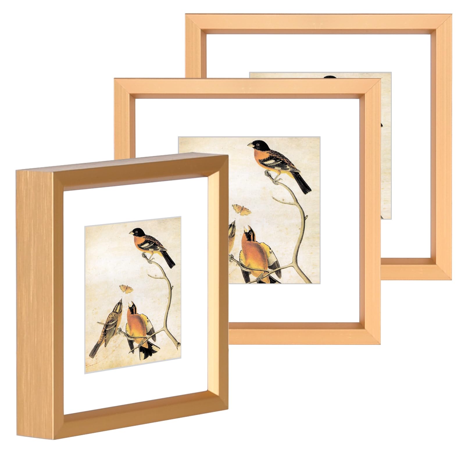 Photo 1 of 3x3 Picture Frame Set of 3, Gold Metal Square Photo Frames with HD Glass, Fits 2x2 with Mat or 3 x 3 without Mat, Display for Wall and Table