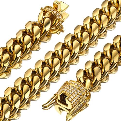 18K Gold Plated Cuban Link Chain Necklace with Iced Out Cubic Zirconia Clasp for Rapper, Men Women Hip Hop Curb Chain Choker, 15Mm Width 18''