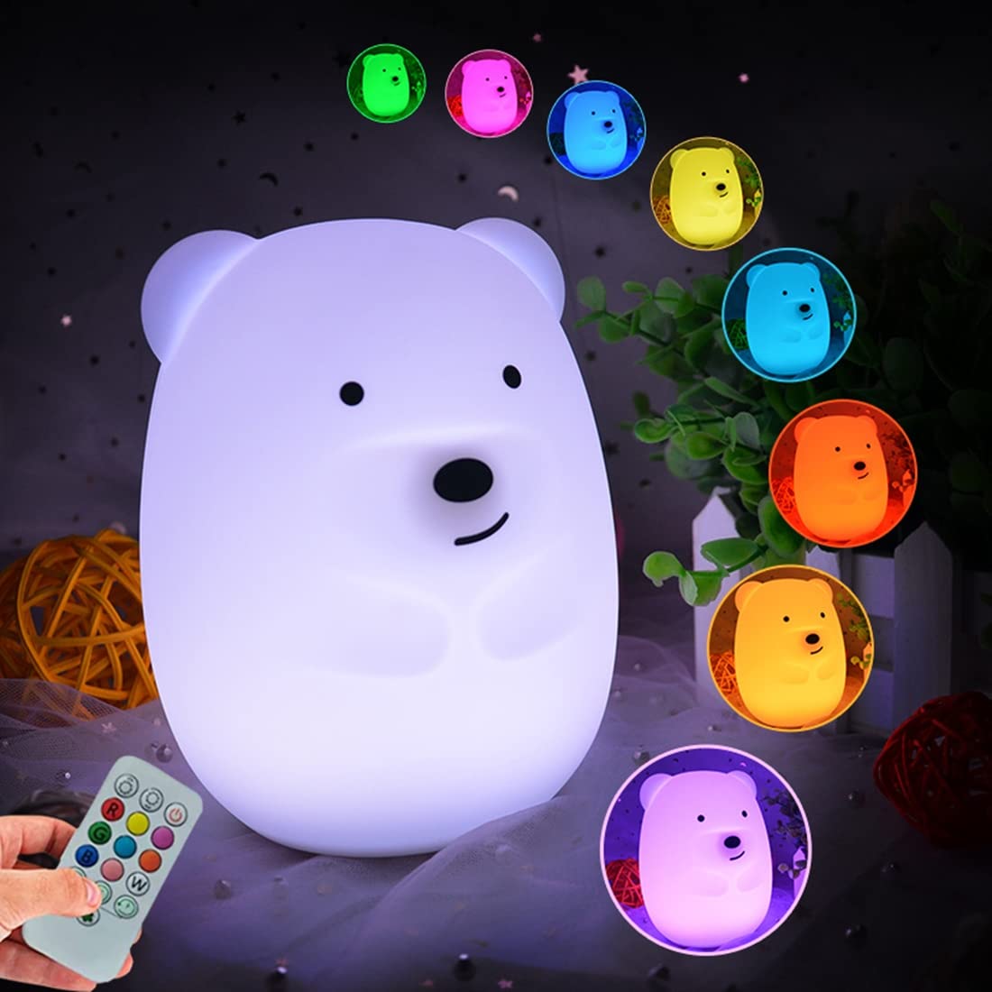 Glinrui Bear Night Lights for Kids Bedside lamp for Children Nursery Light - Break Resistant/Eye Caring/Adjustable Brightness & Color/Time Setting/Gifts for Kids, Boys & Girls - Medium
