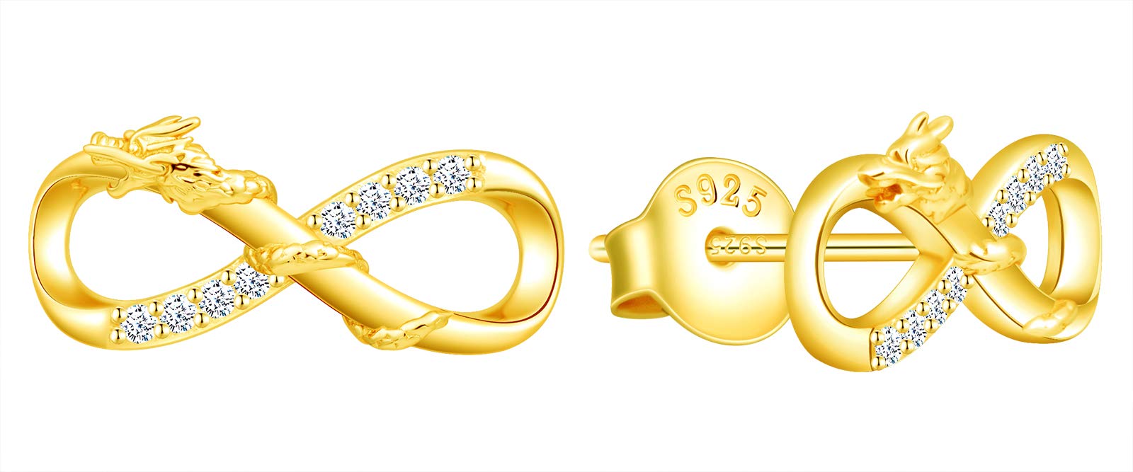 INFINIONLY Women's girl's Earrings Studs, 925 sterling silver Jewellery Sets, Oriental dragon earrings studs, gold, Inlaid zircon, animal jewelry-sets