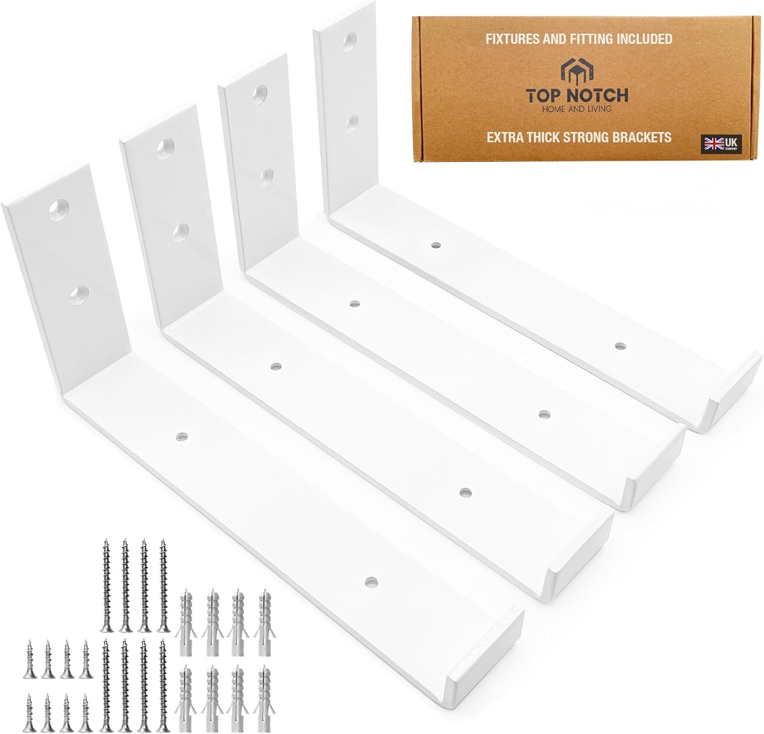 Top Notch Home and Living Heavy Duty Metal Shelf Brackets | Steel Bracket for Wooden Wall Shelves | Support 40kgs | Hardwearing | Incl Fixtures & Fittings (White, Pack of 4 Up Brackets)
