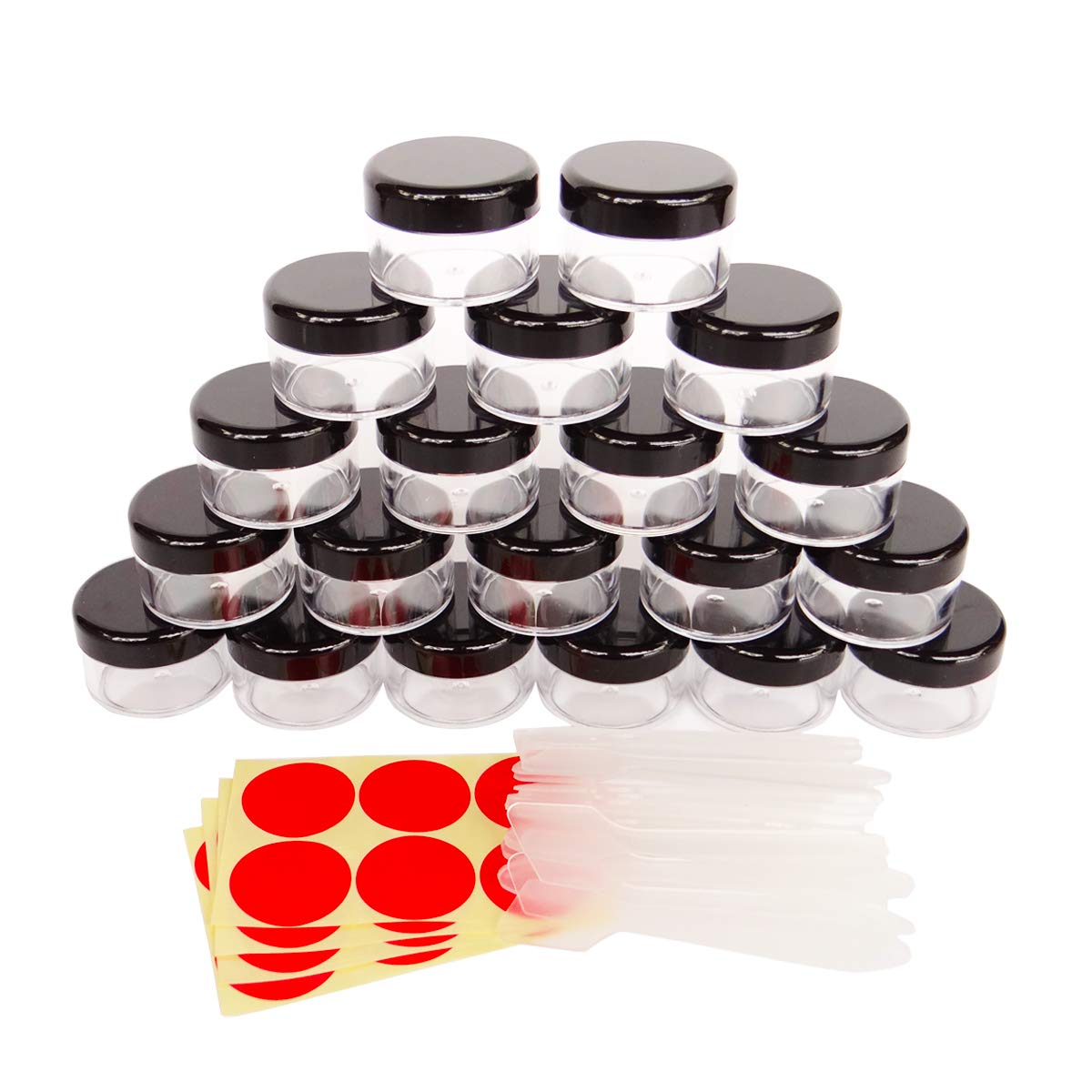 Wopanxye 20pcs 15ml Small Sample Jars, 15 Gram Empty Refillable Cosmetic Container, Plastic Round Pot BLACK Screw Cap Lid, Tiny 15g Bottle for Makeup Eye-shadow Nails Powder Jewelry, FREE Spatulas