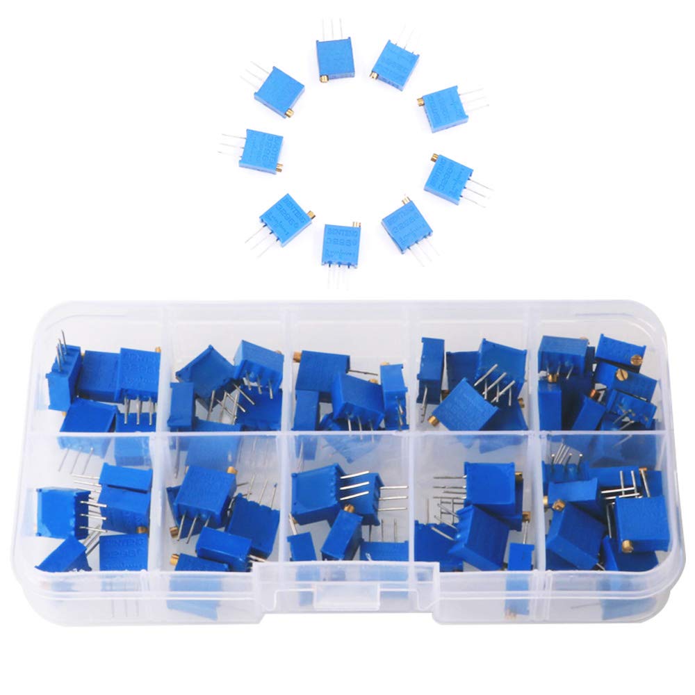 GTIWUNG 60PCS 100 to 500K ohm 3296W Multiturn Trimmer Potentiometers Assortment Kit, 3296 Trimmer Potentiometer Accessory, 100 200 500 1K 2K 5K 10K 20K 50K 100K 200K 500K ohm(12 values)