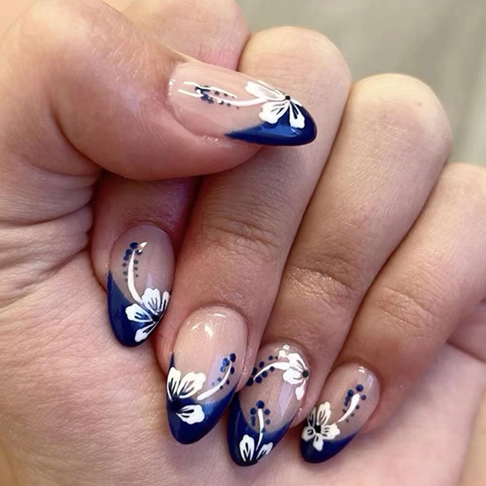 French Tip Press on Nails Nude Pink Fake Nails Almond False Nails with White Flowers Designs Blue Tip Glue on Nails Spring Summer Stick on Nails Full Cover Acrylic Nails Cute Artificial Nails