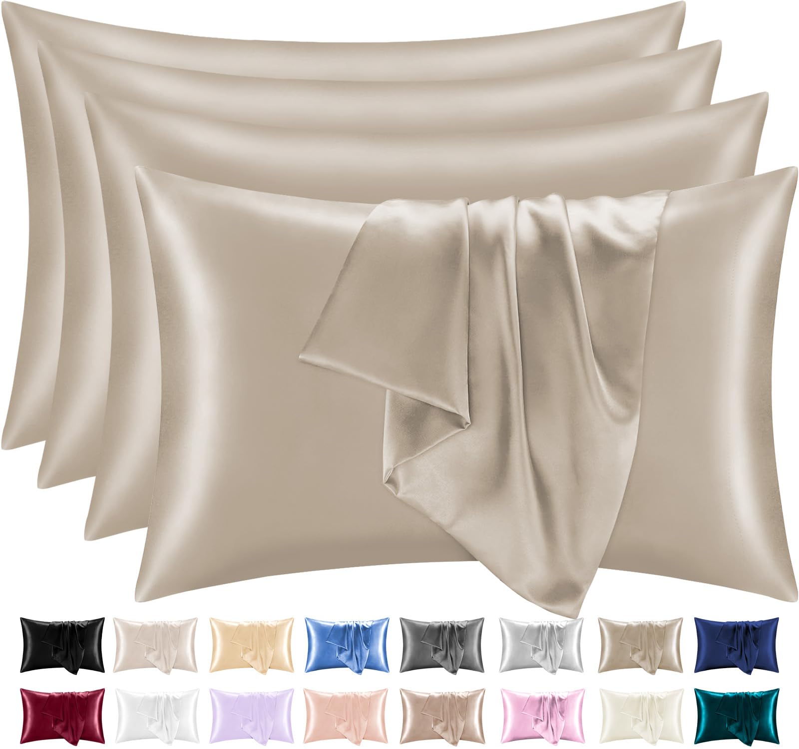 Lazzaro Satin Silk Pillowcases for Hair and Skin - Hypoallergenic Silk Pillow Cases 4 Pack with Envelope Closure - Ultrasoft Standard Size Taupe Silk Pillowcases (50 x 75 cm)