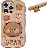 YAKVOOK Bracket Phone Case Compatible with iPhone 16 Pro Max，Cute 3D Cartoon Bear Holder Funny Soft Silicone Shockproof Protective Cover for Women Girls