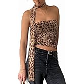 Bocymolay Leopard Print Tube Top for Women Sexy Strapless Mesh Ruched Bandeau Top Going Out Streetwear