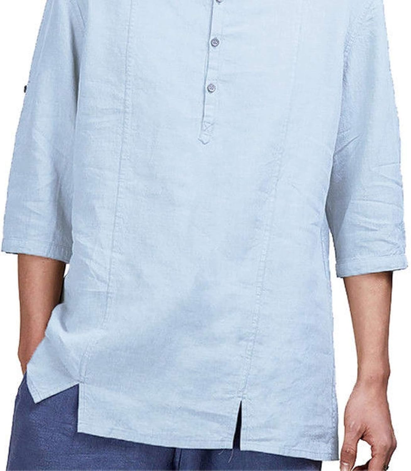 mens vintage solid color stand collar long sleeve loose casual t shirt