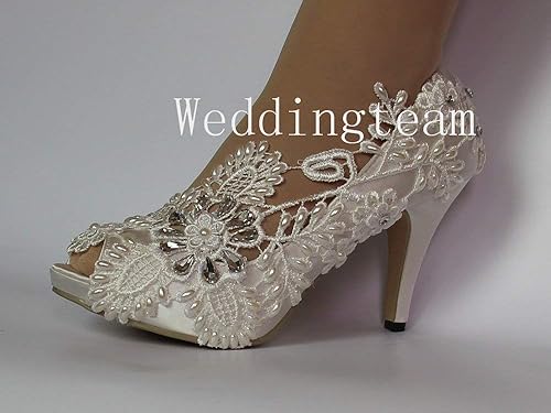 Amazon Com 8cm Heel Satin White Ivory Lace Pearls Crystal Open