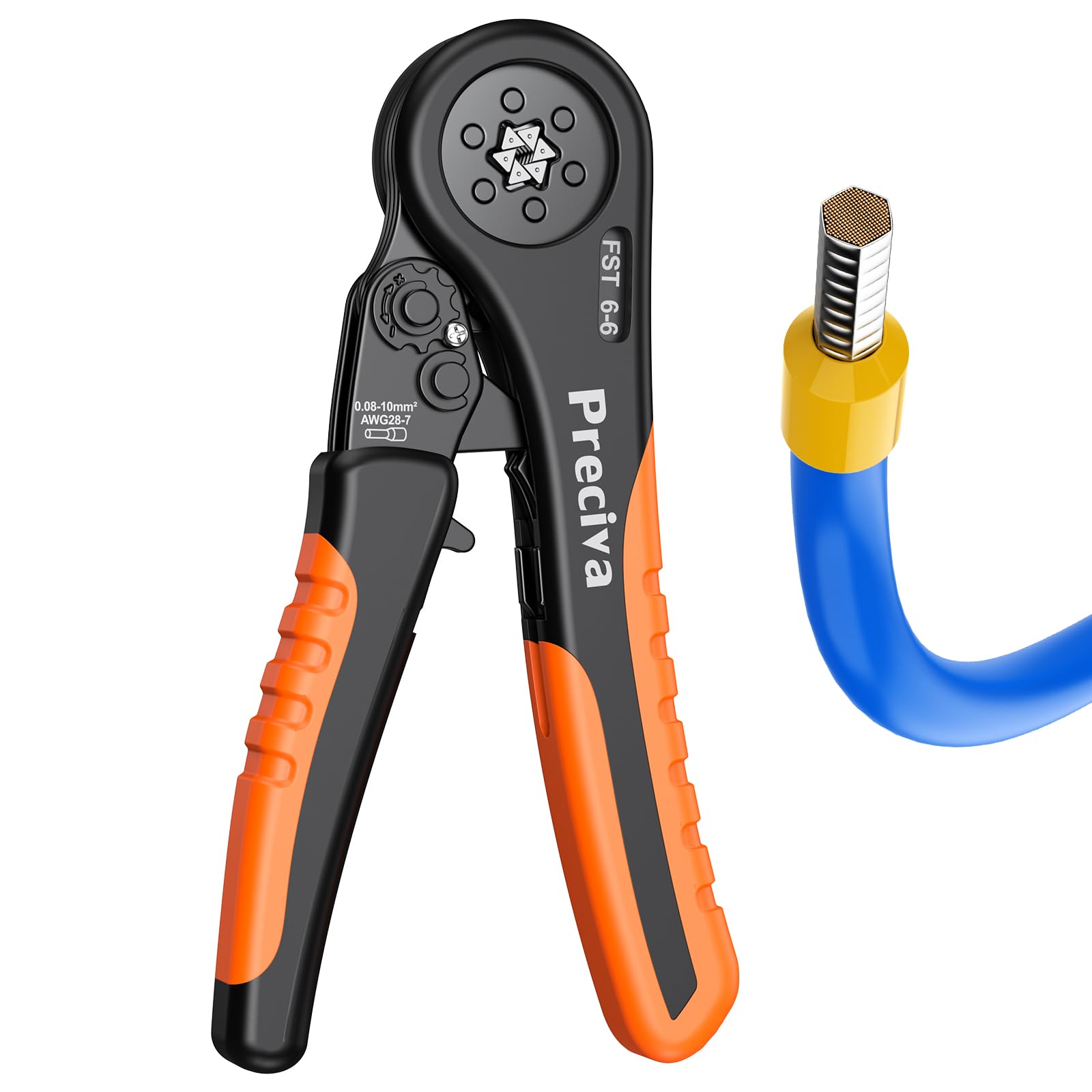 Preciva 0.08-10mm² Crimping Tool, AWG28-7 Self Adjustable Hexagonal Ferrule Crimping Tool, Ratchet Bootlace Ferrule Wire Crimping Plier, Hand Crimper Plier Wire Terminal