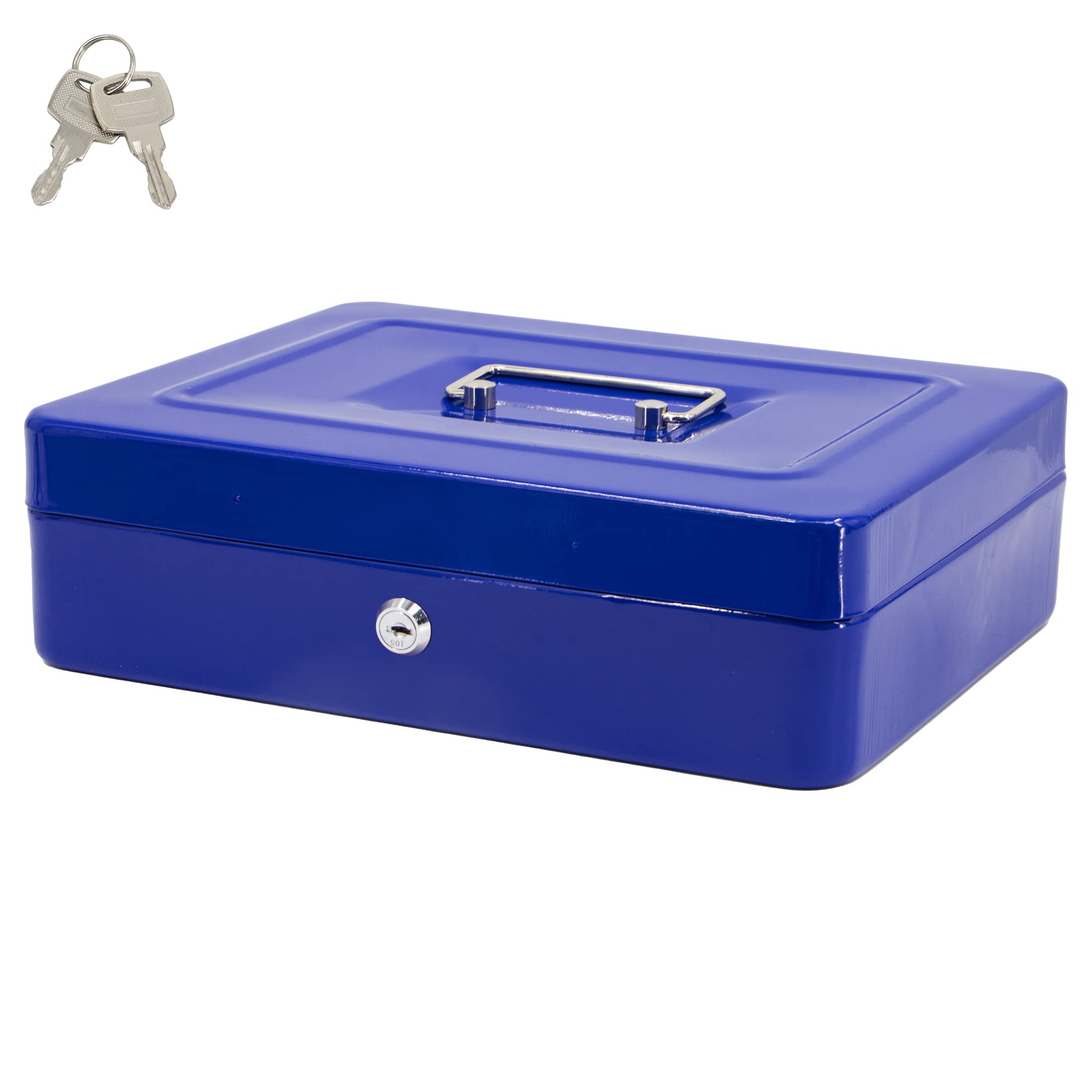Time to Sparkle 12 inch Small Lock Box Money Safe with Tray for Cash Metal Saving Box Lock and Key with Stainless Steel Handle 22 * 30 * 9cm Blue