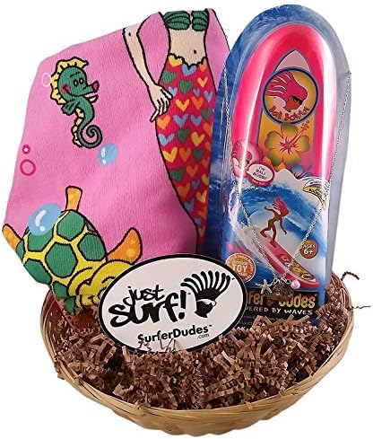 Surfer Dudes 3 Piece Set - Bobbie Toy, Mermaid Beach Towel, Silver Surf Necklace and Basket