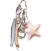 HeriNova Pink Star and Flower Bag Charm Keychain Set, Phone Strap with Leather Star, Bead Heart, Tennis Racket