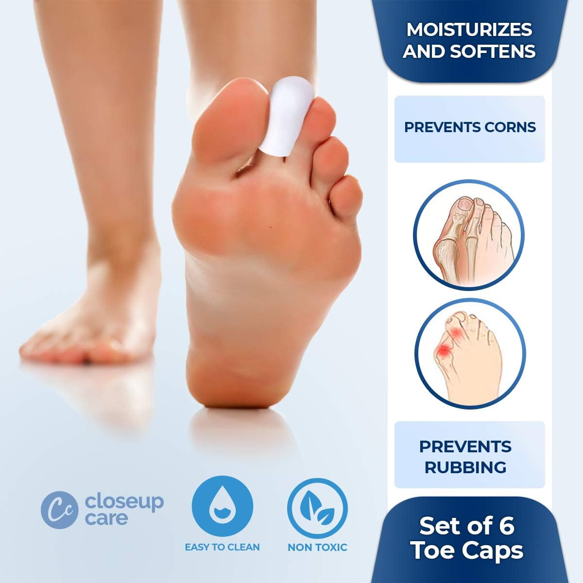 Closeup Care's Premium 6 Pack Toe Caps, Closed Toe Sleeves Protectors, Prevents Corn, Callus, Blister Development Between Toes, Soften and Soothes The Skin (6 pcs): Health & Personal Care