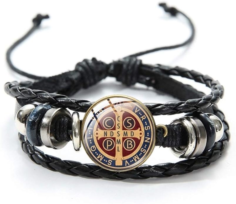 Catholic Saint Benedict Medallion Charm Bracelet Vintage Black