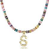 YOUFENG Initial Letter Necklaces for Women Colorful Beaded Gemstone Choker 14K Gold Plated Bamboo Letter Pendant Necklace Natural Stone Handmade Jewelry Gift