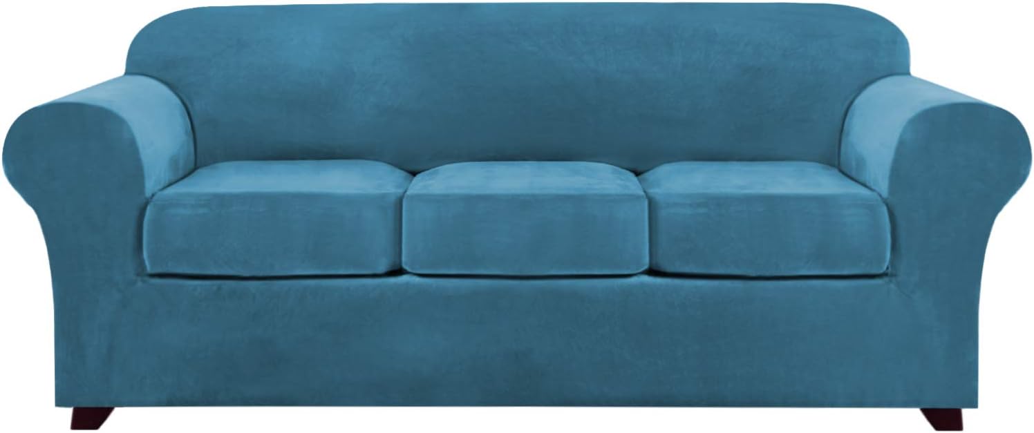 4 Pieces Sofa Covers Stretch Velvet Couch Covers for 3 Cushion Sofa Slipcovers Soft Sofa Slip Covers with 2 Non Slip Straps Furniture Covers with 3 Individual Seat Cushion Covers (Sofa, Stone Blue): Furniture & Decor