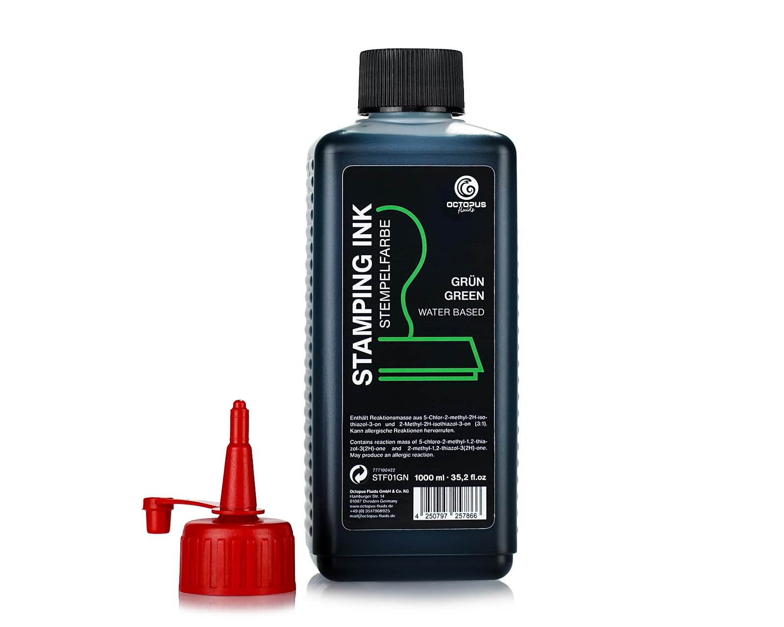 Octopus Fluids stamping ink, refillable ink for inking stamp pads and automatic stamping machines, 1000ml stamping ink, green without oil