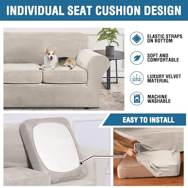 H.VERSAILTEX HIGH STRETCH SOFA SLIPCOVER 4 PIECE COVER VELVET FURNITURE PROTECTOR FORM FIT THICK VELVET EXTRA LARGE SOFA COVER FOR 3 CUSHION COUCH WIDTH UP TO 97 INCH (LARGE SOFA, FRENCH OAK)