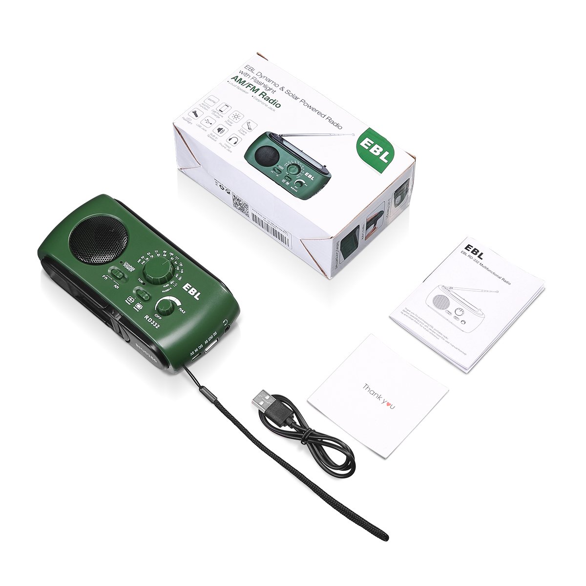 EBL Portable FM/AM Radio Emergency Solar Hand Crank Rechargeable Radio with LED Flashlight for Household Camping Traveling (Green)