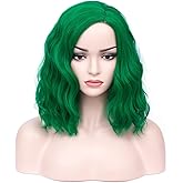 MAGQOO Green Wig Women Girls Emerald Dark Green Bob Wig Short Curly Wavy Wigs Side Part Synthetic Heat Resistant Cosplay Costume Party Wigs