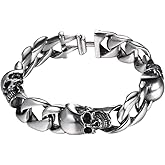 U7 Gothic Skull Bracelets for Men Women, Stainless Steel/18K Gold Plated/Silver Black Punk Skeleton Head Chain Bracelet Party Accessories for Rapper Biker