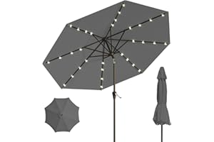 Patio Kingdom 10FT Solar Umbrella 32 LED Lighted Patio Umbrella Table Market Umbrella w/Tilt and Crank, UV-Resistant Outdoor Umbrella for Pool, Garden, Deck, Gray