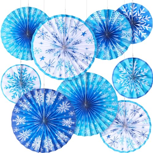 Outus 9 Pcs Winter Snowflakes Decorations Snowflake Hanging Paper Fans Blue White Snowflake Hanging Decorations for Christmas Holiday Party Wonderland Classroom Birthday Ceiling Wall Window