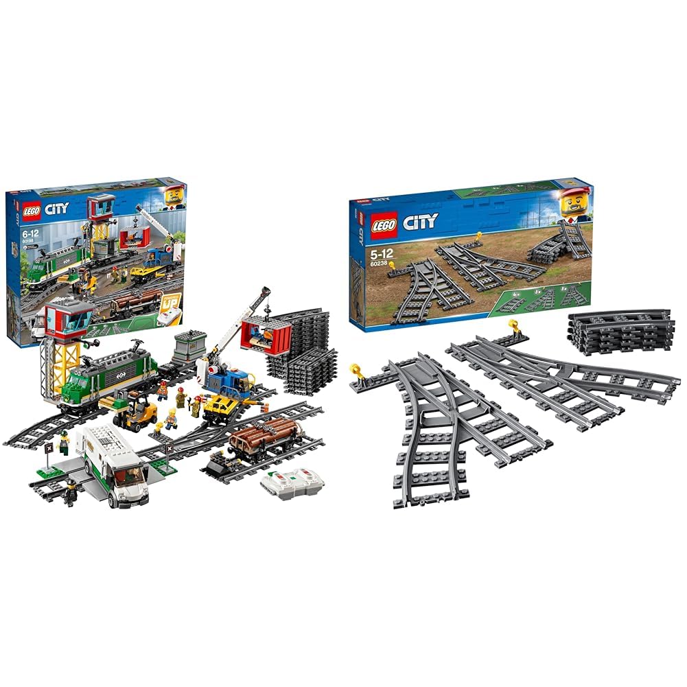 LEGO 60198 City Cargo Train Set Battery Powered Engine for 6 Year Old, RC Bluetooth Connection, 3 Wagons, Tracks and Accessories & 60238 City Switch Tracks 6 Pieces Extention Accessory Set