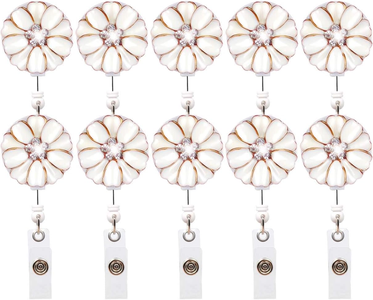 HEYGOO Bling Rhinestones Flowers Retractable Badge Holder, ID Name Badge Reel with Alligator Clip, Pack of 10