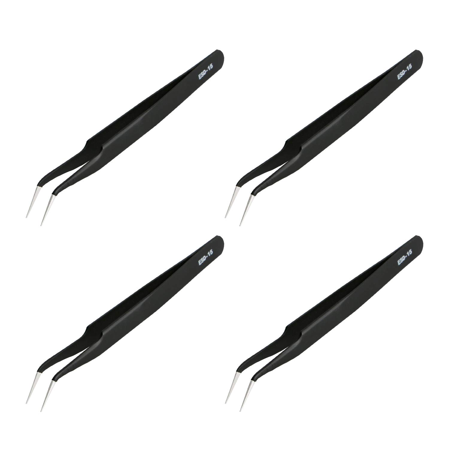 Aoje-Link ESD-15 Professional Anti-Static Precision Technology Tweezers, Non-Magnetic Fine Tip Curved, Stainless Steel Plastic Coated, Full Length 120mm, Black, 4pcs