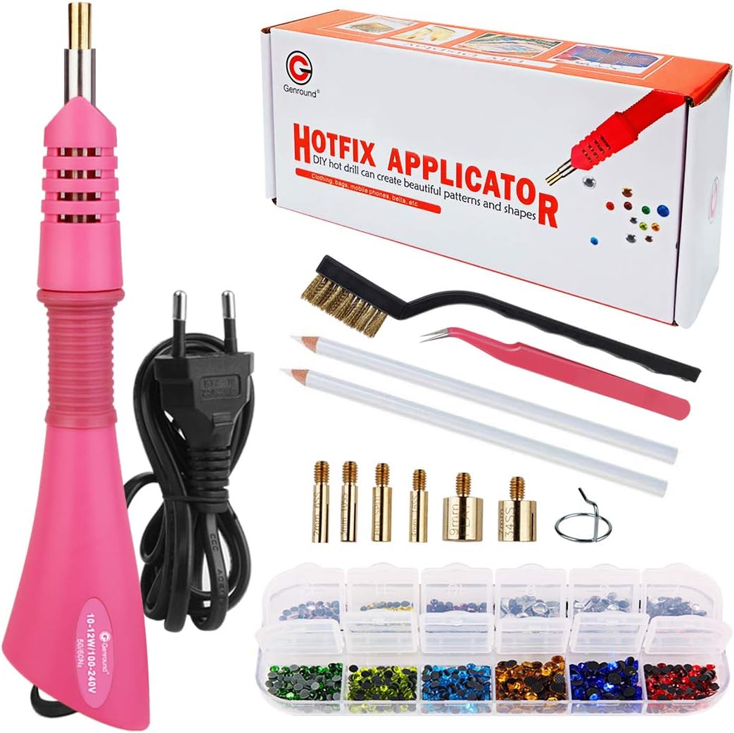 Genround Hotfix Applikator, Strassstein Applikator Werkzeug Hotfix Strass Applikator mit 1380stück Strassstein/Aufbewahrungskiste/Pinzette/Edelsteine, die Stift auswählen für Kleidung Schuhe Bag Card