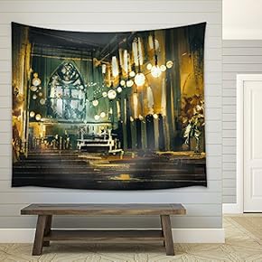 Beautiful Painting Showing Interior View of a Church and Dramatic Light - Fabric Wall Tapestry Home Decor - 51x60 inches